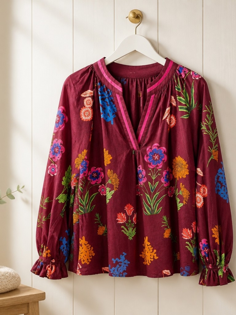 Women’s Floral Peasant Top in Burgundy